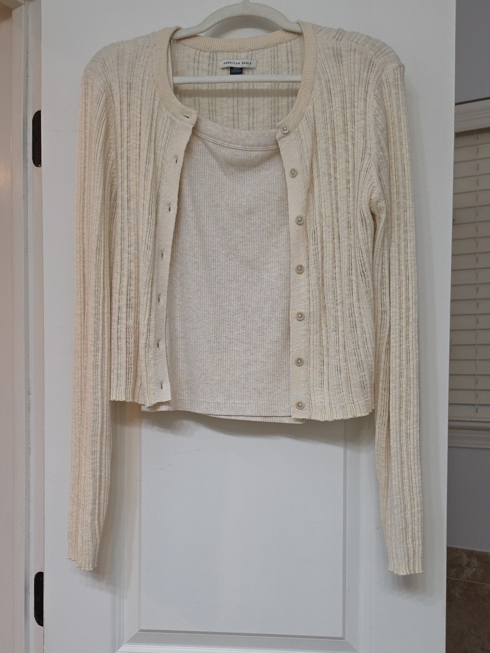 American Eagle Cream Ribbed Button-Up Cardigan with Matching Tank
